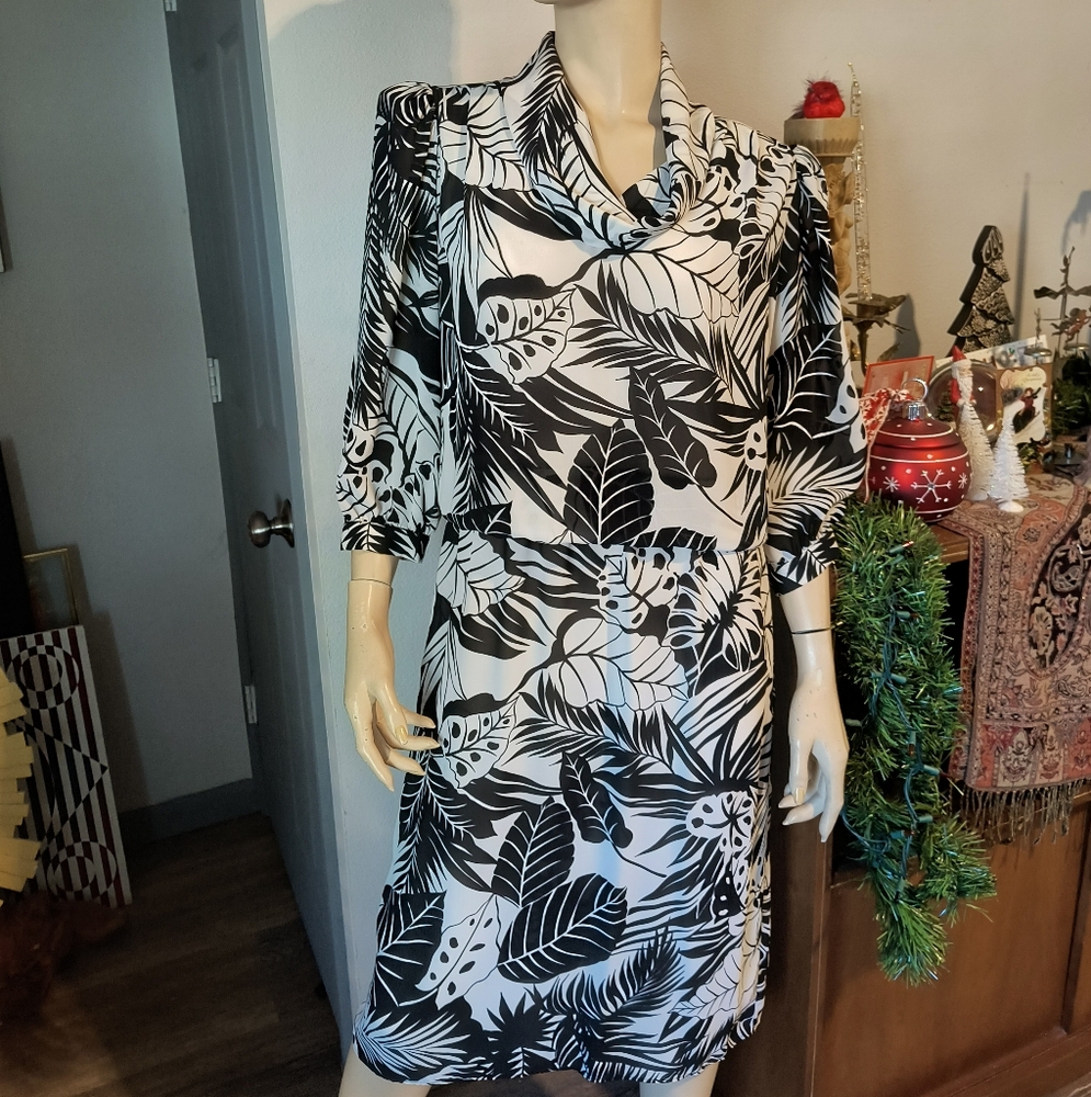 Vtg 80s Charlee Allison for Eljay Sheer Dress  Monstera Leaf Print